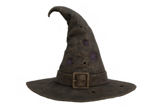 Old witch hat with pointed shape and tattered fabric, symbolizing magic, fantasy, and halloween costume traditions
