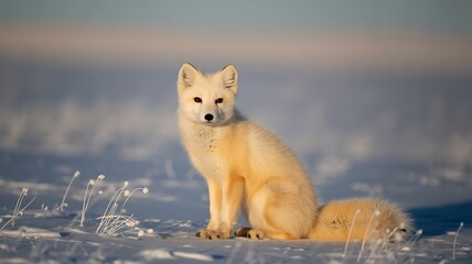 Arctic fox sitting in snow wildlife animal winter landscape white fur nature photography