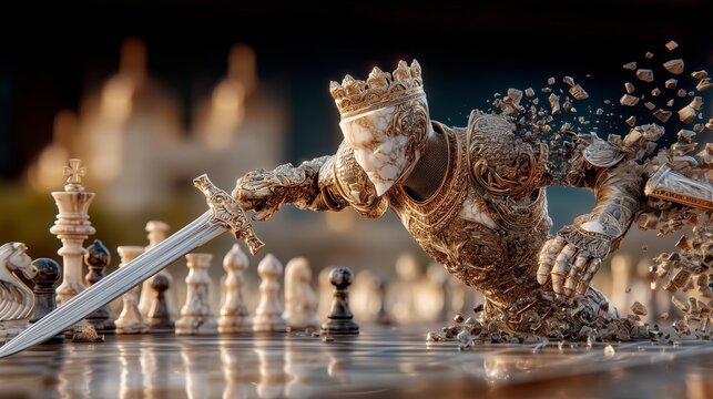 Fototapeta Cinematic Humanoid King Chess Piece Fending Off Attack With Sword On Board