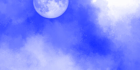 Blue sky with clouds and moon, natural background. The moon in the disturbing night sky. Blue storm clouds. Mystical Night sky background with full moon, clouds .