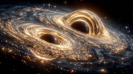 Dramatic Sci-Fi Space Scene Featuring Two Black Holes With Golden Accretion