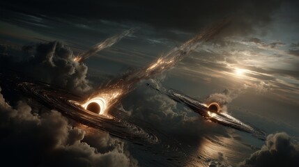 Two Black Holes Collide in Dramatic Cinematic Space Scene with Bright Accretion Disks and Sparks