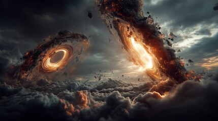 Two Cosmic Rings Exploding Over Cloudscape in Dramatic Sci-Fi Scene