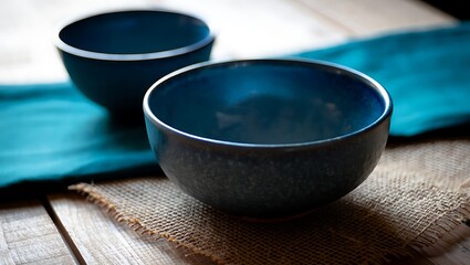 Rustic Ceramic Bowls in Teal and Brown tones on Wooden Table