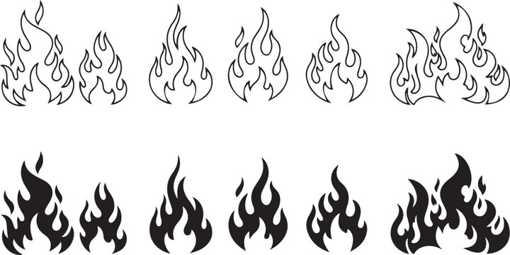Stylized flames in black and white line art and solid silhouette fire graphic
