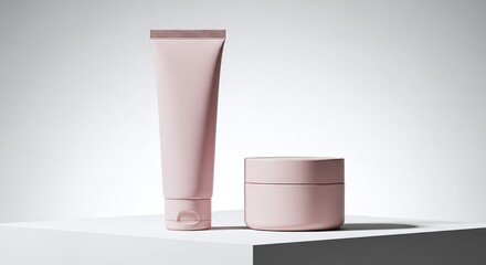 Still life of two pink cosmetic containers a tube and a jar on a white surface against a white background