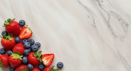 A corner arrangement of fresh strawberries and blueberries on a marble surface with ample copy space