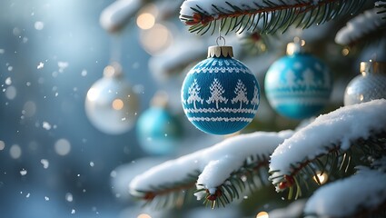 Snowy Christmas tree with blue knit ornament holiday winter scene