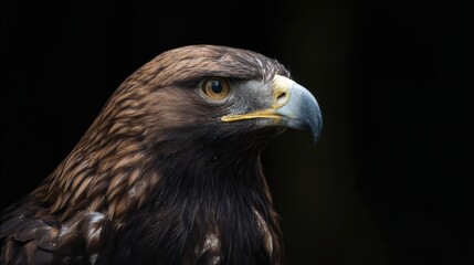 Golden Eagle flying with spread wings against dark background