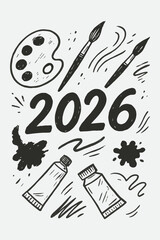 Creative Splash 2026 — Hand Drawn Paint Palette and Brushes Vector Illustration in Black and White