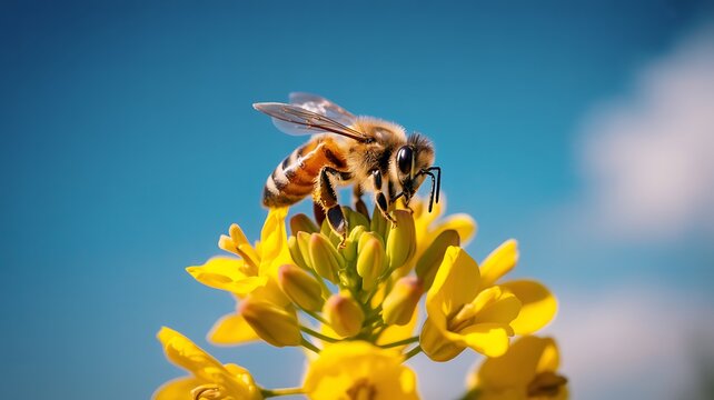 Honey bee on yellow flower pollination macro photography nature and blue sky background