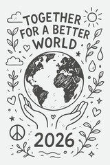 Eco Love Earth 2026 — Hand Drawn Planet with Hearts and Plants Vector Illustration