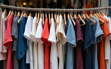 clothes hanging on a rack in a flea market. High quality