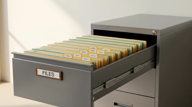 Metal filing cabinet with open drawer and file folders