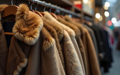 Fur coats on sale at a vintage store. Fashion and clothing. High quality