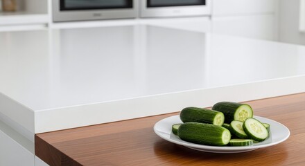 A plate of sliced cucumbers on a wooden countertop with a white countertop in the background