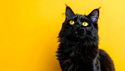 A fluffy, black cat with yellow eyes gazes upward on a sunny backdrop