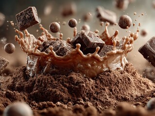 Deep Brown Gradient Background with Fine Chocolate Powder Mound, Dynamic Splash Crown and Floating Chocolate Pieces, High-Speed Motion Gourmet Advertisement Render