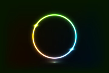 A glowing, multicolored neon ring with a gradient from yellow to green to blue, set against a dark background. Abstract, futuristic, and luminous.