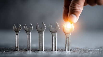 A hand selects a glowing wrench from a lineup of five metallic wrenches, symbolizing choice, tools, and precision in a workshop setting.