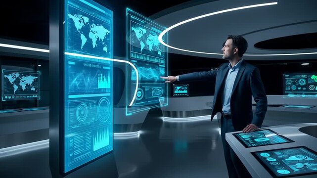 Man interacts with large, glowing blue displays in futuristic control room