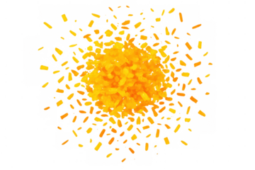 Golden confetti explosion bursting outward, festive celebration particles shimmering with sparkle on transparent background