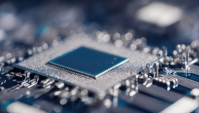 Close up of a computer microchip on a circuit board.