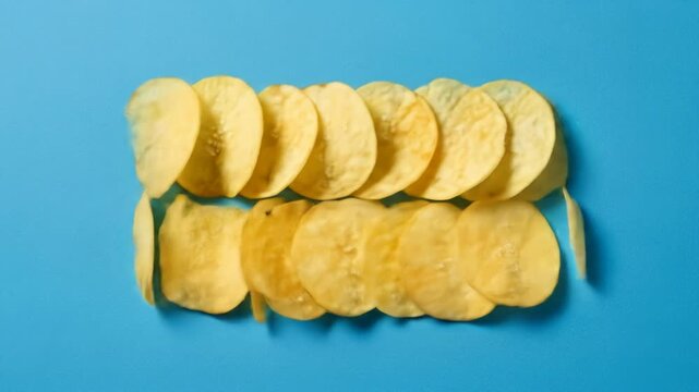 Potato chips arranged in rows on a blue background, overhead view