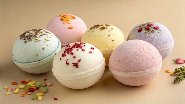 Multiple bath bombs on beige background, representing relaxation and wellness, ideal for spa promotions and skincare product designs.