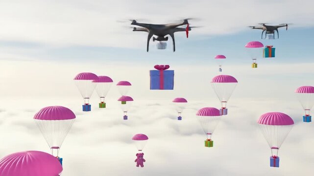 Presents descend with pink parachutes over fluffy clouds, drone and duck ride along