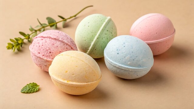 Multiple bath bombs on beige background, representing relaxation and wellness, ideal for spa promotions and skincare product designs. - Powered by Adobe
