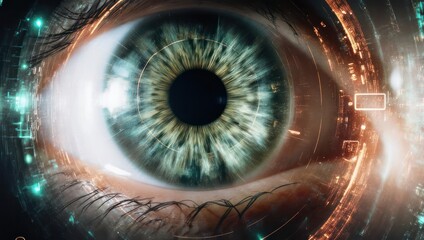 Close Up of a Futuristic Human Eye with Digital Data Overlays.
