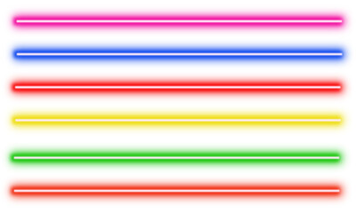 Neon glowing lines vector icons set, glowing bars, light strips, vibrant colorful elements, luminous design on transparent background.