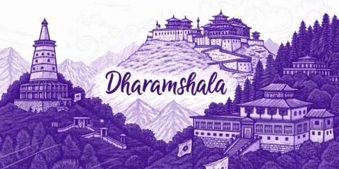 Selbstklebende Fototapeten Violett Dharamshala Skyline Sketch with Himachal Culture, Bhagsunag Temple, Cricket Stadium, and Tibetan Monastery – Artistic Line Art for Travel Posters, Wall Decor, and Tourism Design  © pritam