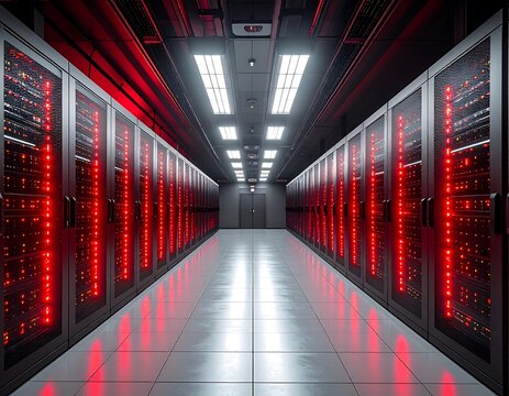 A data center hallway, rows of server racks glow red. Overhead lighting brightens the pristine floor, leading to a closed door