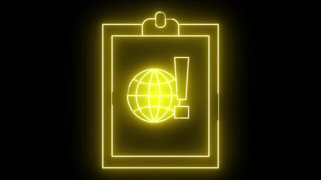 Yellow neon clipboard with a globe and exclamation mark icon on a black background