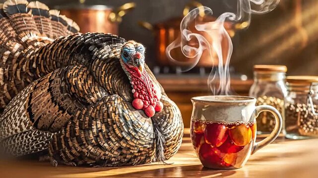 adorable watercolor turkey steaming beside a mug of apple cider in a cozy kitchen with soft warm textures for seasonal storytelling