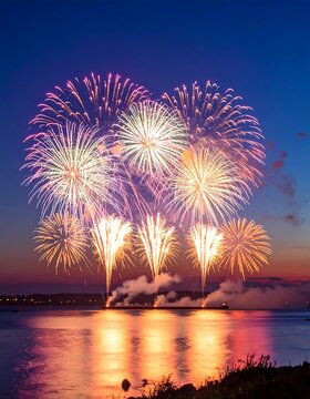 Stunning fireworks display over water during a beautiful sunset