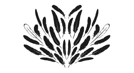 Arrangement of Black Feathers on White Background, Illustration