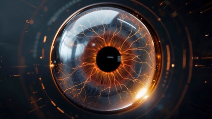 Close up of a human eye reflecting a futuristic illuminated cityscape with glowing circuits and digital network patterns