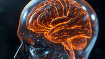 Transparent human head side view showing glowing golden brain network and neural pathways illuminated by energy