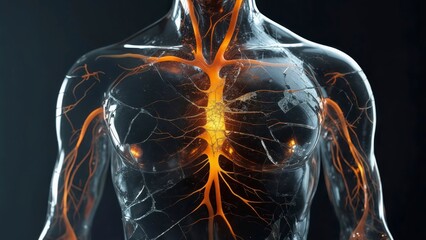 Transparent human chest with glowing orange neural network and cracked glass surface symbolizing inner energy
