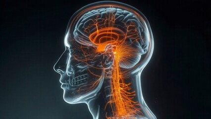 Transparent human head side view showing glowing orange neural connections throughout the brain and spinal cord