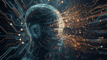 Digital human head made of luminous circuits and particles with bright neural energy radiating outward into darkness