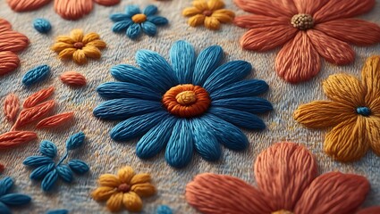Vibrant Hand Embroidered Floral Design with Intricate Stitching Details