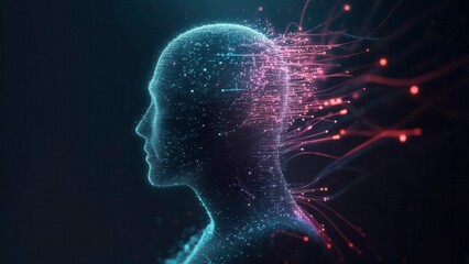 Side profile of digital human head made of glowing dots and lines with red and blue neural energy trails