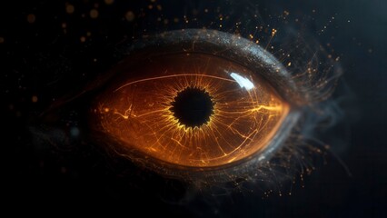 Macro view of glowing golden eye with organic neural lines symbolizing power and inner energy in dark atmosphere