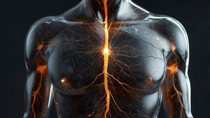 Transparent chest with glowing neural structure and central illuminated energy line visualizing inner connection