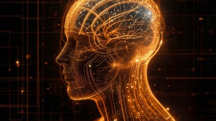 Side view of a human brain glowing with energy and surrounded by data light circuits representing digital intelligence and cognition