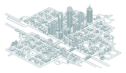 Obraz premium Outline drawing of modern city architecture. Urban landscape with buildings, roads, and rivers.